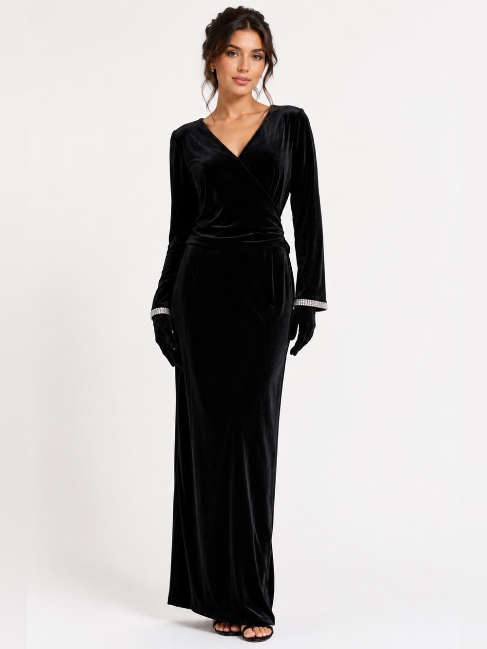 Vintage Gown Black Velvet Set Maxi Top Opera Gloves Goth Rhinestone Large
